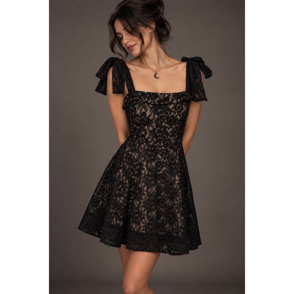 Trixxi Lace Mini Dress Womens M Black Tan Tie Strap Ruffle Fit Flare Whimsigoth